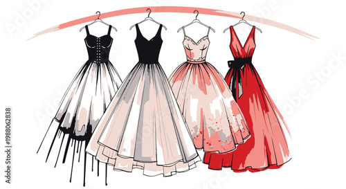 Elegant evening gowns, formal dresses, fashion illustration, dress designs, women's clothing