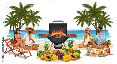 On a sunny family BBQ vacation, two couples relax on the beach as one constructs sandcastles, with a charcoal grill centerpiece surrounded by tropical fruits, all captured in a vibrant