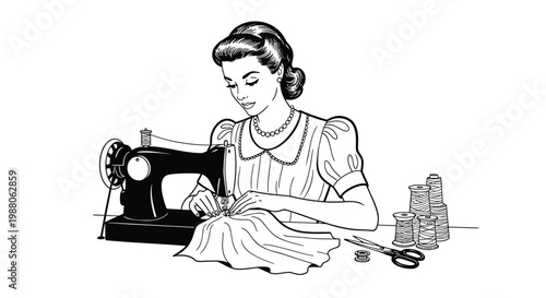 Vintage seamstress, sewing, illustration, black and white, woman working, fashion design