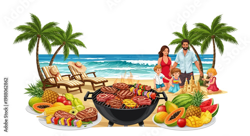 A family enjoys a BBQ vacation near the ocean, with a grill full of meat and fruit platters arranged in the foreground, beach chairs and palm trees framing the vibrant scene in a colorful