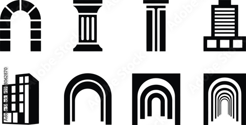 Architectural elements collection arches columns and building facades in black and white