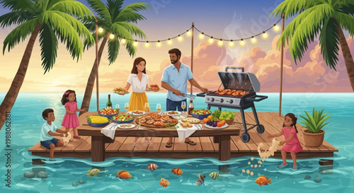 A family enjoys their BBQ vacation on a wooden dock with a grill full of food and a table laden with dishes, under festive string lights between palm trees in a colorful, tropical scene
