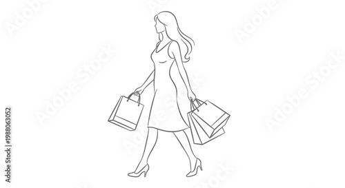 Shopping woman, female shopper, carrying bags, illustration, line art
