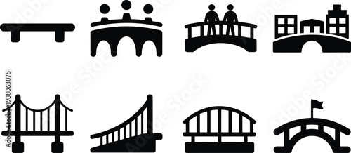 Black and white bridge icons set diverse architectural styles and structures