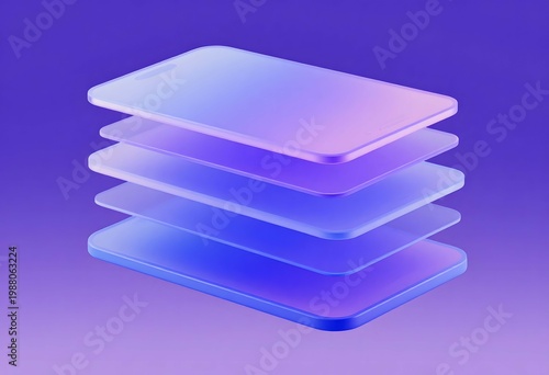Abstract 3D Glassmorphism Layers Representing Mobile App Development, Cloud Data Storage, and Digital Technology Stack on Purple Gradient Background, 