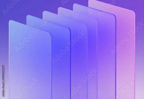 Abstract 3D Glassmorphism Layers Representing Mobile App Development, Cloud Data Storage, and Digital Technology Stack on Purple Gradient Background, 