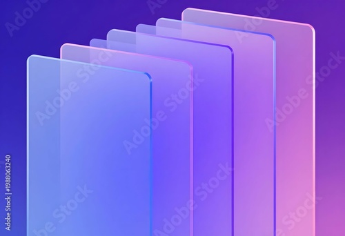 Abstract 3D Glassmorphism Layers Representing Mobile App Development, Cloud Data Storage, and Digital Technology Stack on Purple Gradient Background, 