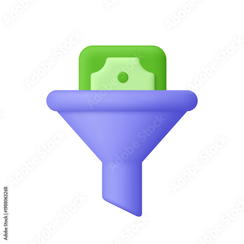 Purple funnel filtering a green banknote. Financial filtering, money management, budgeting, lead generation and financial strategy concept. 3d vector icon. Cartoon minimal style.