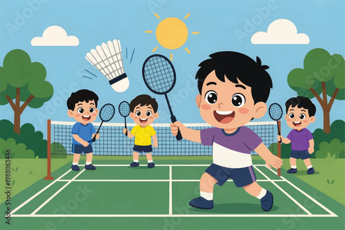 premium vector illustration of cute kids playing badminton in a sunny outdoor park with shuttlecock and rackets