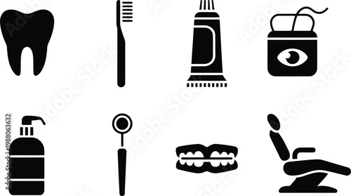 Dental hygiene icons tooth toothbrush floss and dental chair illustrations