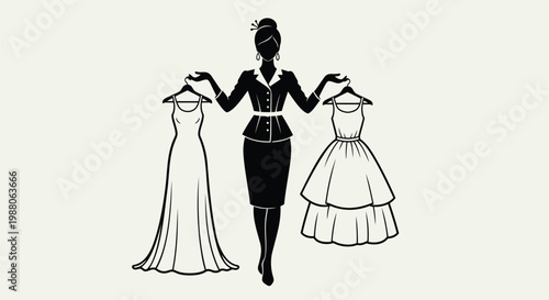 Fashion, dress, vector, illustration, woman, black, white, 3 dresses