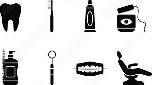 Dental health icons tooth tools and equipment for oral hygiene and care