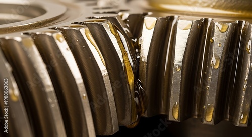 Close up of industrial metal gears meshing together in a machine.