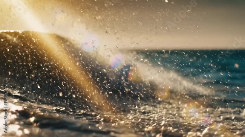 Golden sun ray piercing through powerful sea wave spray