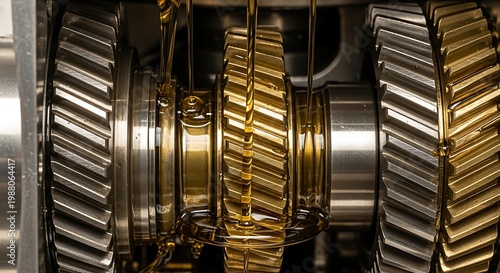 Close-up of Lubricated Gears in Industrial Machinery.