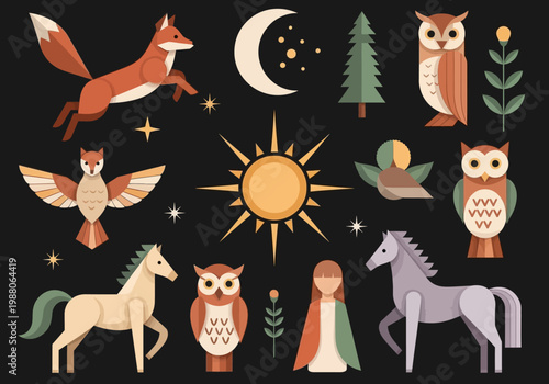 Minimalist Folk Art Illustration Set Featuring Fox, Owls, Horses, Sun, Moon, and Celestial Elements in a Geometric Style on Black Background