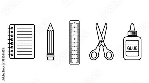 School supplies icons featuring a spiral notebook, sharp pencil, measuring ruler, open scissors, and a glue bottle in a minimalist line art style.
