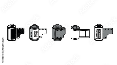 Classic camera film rolls and strips collection in various graphic styles representing the essence of analog photography and vintage memories.