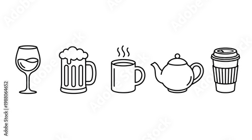 Various outline icons of popular drinks and beverages, including wine, beer, a hot beverage, a teapot, and a disposable cup, presented in a simple, clean, and modern style.