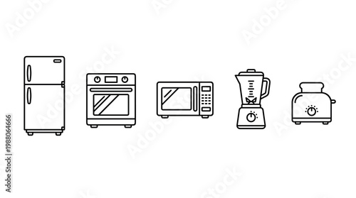 Kitchen appliances line art icons set featuring a refrigerator, oven, microwave, blender, and toaster for modern home and cooking concepts.