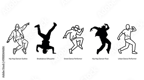 Dynamic hip hop dancers showcase various energetic street dance moves and poses in a collection of modern outline and silhouette illustrations.