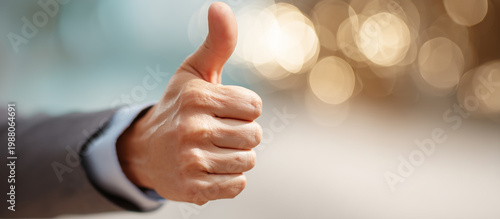 hand giving thumbs up gesture, symbolizing approval and positivity in professional setting
