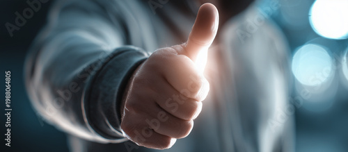 hand giving thumbs up gesture, symbolizing approval and positivity in professional setting