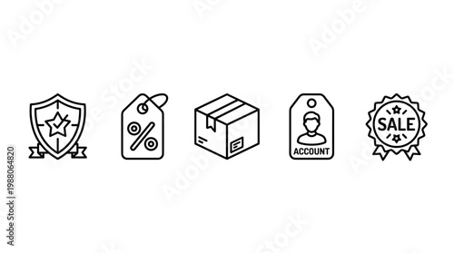 E-commerce icons representing various essential aspects of online shopping, including security, discounts, product delivery, and user account management.