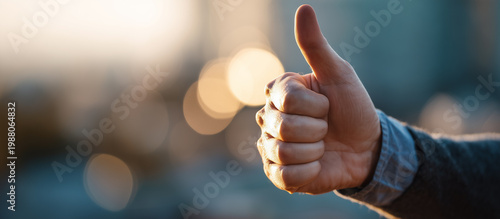 hand giving thumbs up gesture, symbolizing approval and positivity in professional setting