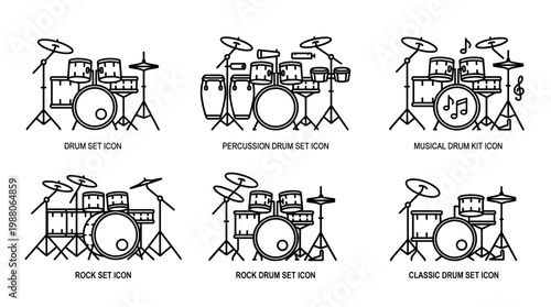 Various drum sets musical instrument icons collection in outline style, representing different types of percussion kits for music, rock, and classic genres.