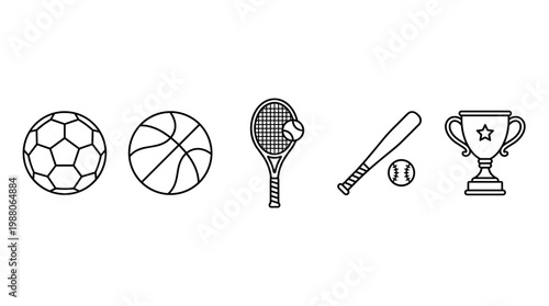 Various sports equipment and trophy line art icons are neatly arranged, representing different athletic activities and achievements in a clean, minimalist style.