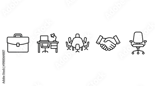 Business and office icons for professional work environment concepts, including a briefcase, desk, meeting, handshake, and chair, representing various aspects of corporate life.