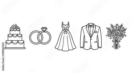 Wedding celebration icons set with cake, rings, dress, suit, and bouquet representing marriage, love, and special event elements in a simple outline style.