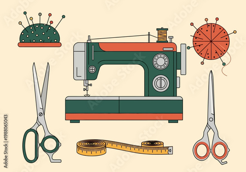 Vintage Sewing Machine and Tailoring Tools Flat Illustration - Scissors, Measuring Tape, and Pincushions for Fashion Design and DIY Crafting