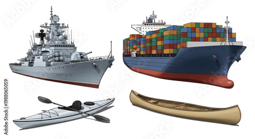 Various types of watercraft including a warship cargo ship kayak and canoe.