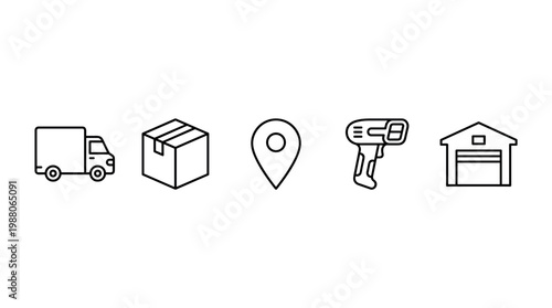 Delivery truck package location scanner warehouse icons illustrate modern supply chain management, global shipping processes, and efficient distribution networks.