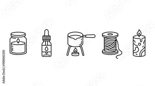 Candle making supplies and essential tools are illustrated with a minimalist line art style, showcasing items for DIY craft projects.