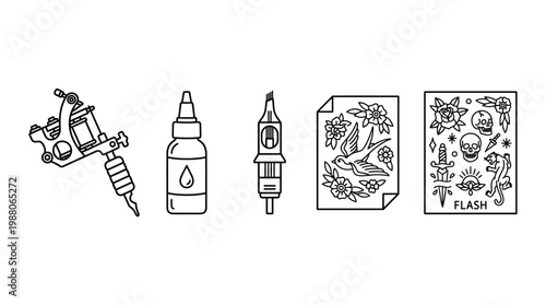 Tattoo equipment and traditional flash designs are essential tools for professional artists creating permanent body art illustrations and concepts.