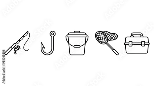 Fishing gear collection of essential equipment for a successful day on the water, including a rod, hook, bucket, net, and tackle box.