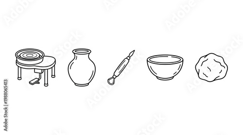 Pottery wheel vase tool bowl clay icons illustrate the creative process of ceramics and crafting beautiful handmade earthenware objects.