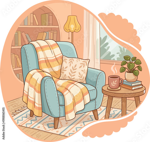 Cozy armchair with plaid blanket and lamp in a room with bookshelf armchair furniture interior comfortable bookshelf relaxation