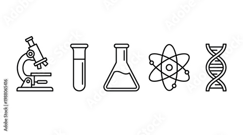 Science icons representing various fields of study including biology, chemistry, and physics are displayed in a clean, minimalist outline style.