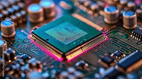 Detailed Close-Up of a Circuit Board with Electronic Components and Microcontroller for Automation