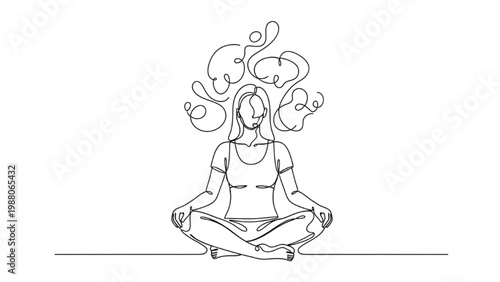 Continuous line drawing of a woman meditating with thoughts rising