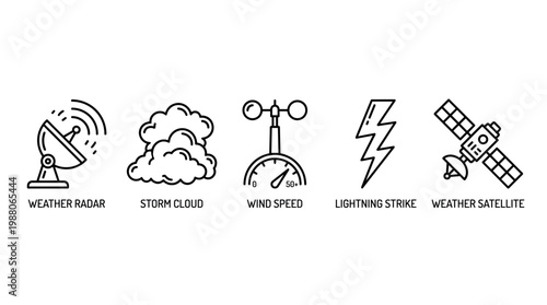 Weather forecasting and meteorology icons set features essential elements like radar, storm clouds, wind speed, lightning, and satellites for atmospheric observation.