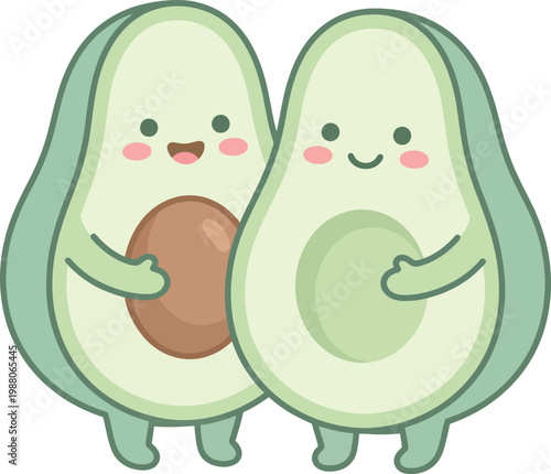 Two cute cartoon avocados holding hands smiling with faces illustration vegetarian character anthropomorphic friendship isolated
