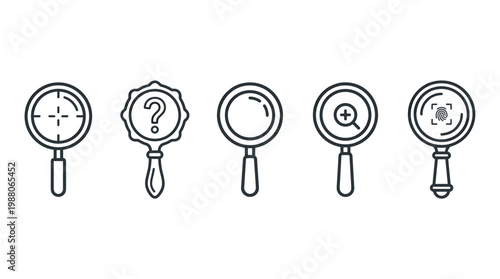 Magnifying glass icons representing search, focus, inquiry, and security concepts are displayed in a clean, modern outline style for various digital applications.