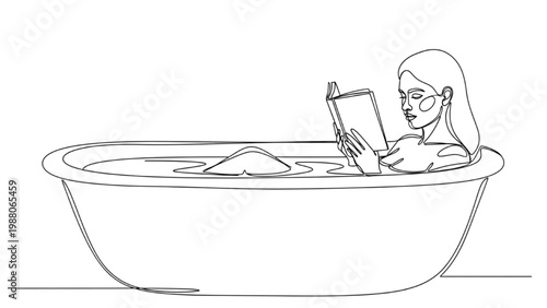 Continuous line drawing of a woman relaxing in a bathtub reading a book