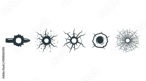 Collection of bullet holes and broken glass impacts showing various damage types from projectiles and high-speed objects, depicted as vector illustrations.