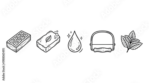 Collection of hand drawn hygiene and freshness related items, including soap, water drop, and mint leaves, presented in a clean line art style.
